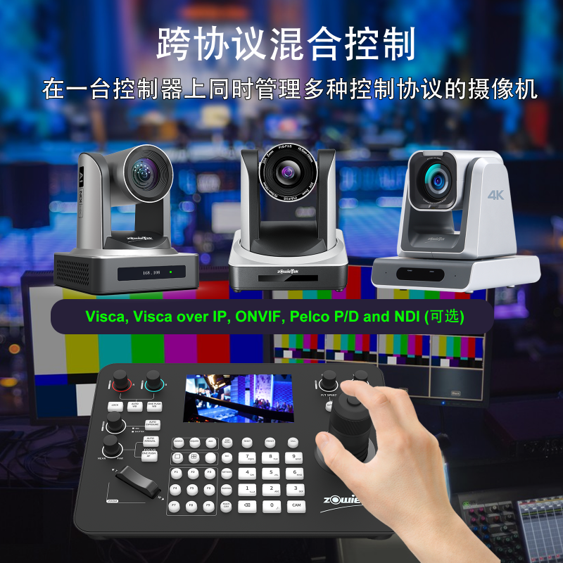 Zowie PTZ 控制鍵盤控制多種協(xié)議的攝像機(jī)示意圖
